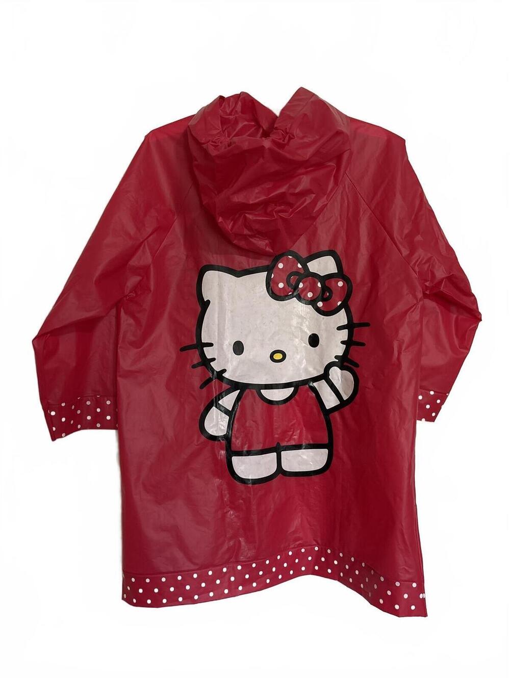 Vintage Hello Kitty Red Vinyl Hooded Raincoat Kids Size 4-5 Polka Dot